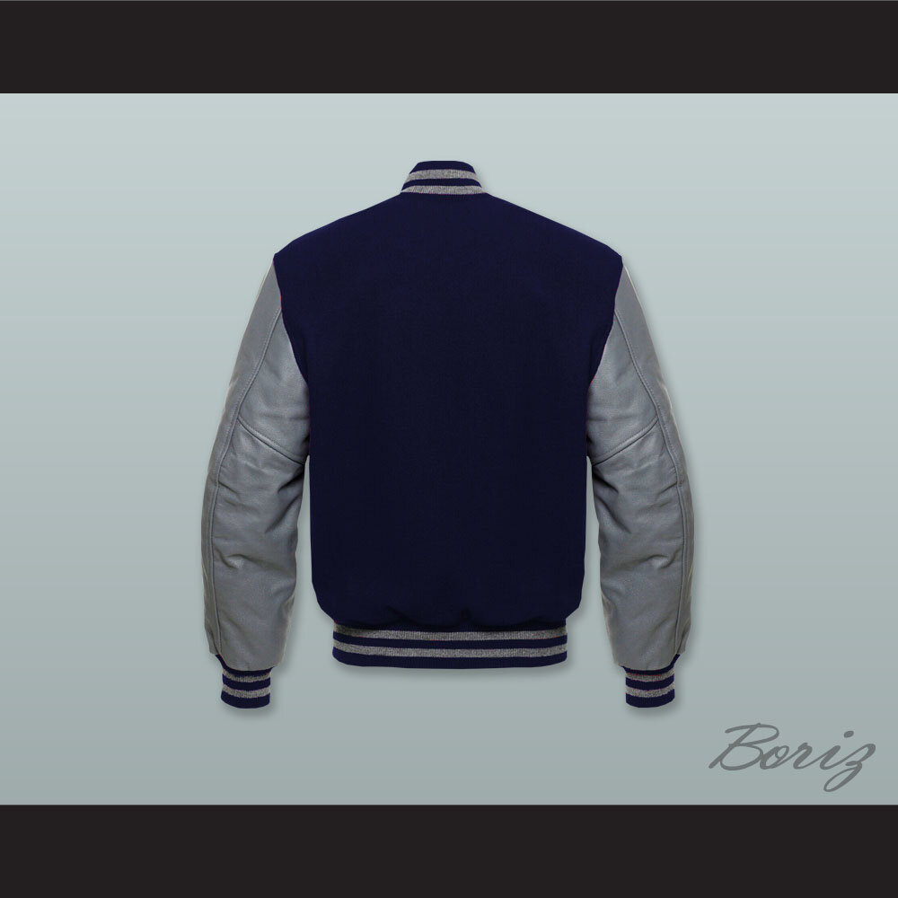 Navy Blue Wool and Gray Lab Leather Varsity Letterman Jacket — BORIZ